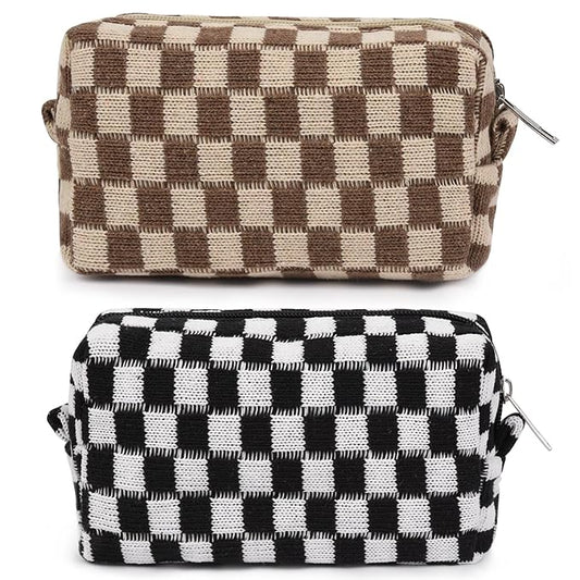2 Pieces Checkered Cosmetic Travel Bags - Cute Makeup Pouch Organizers With Brush Storage for Women