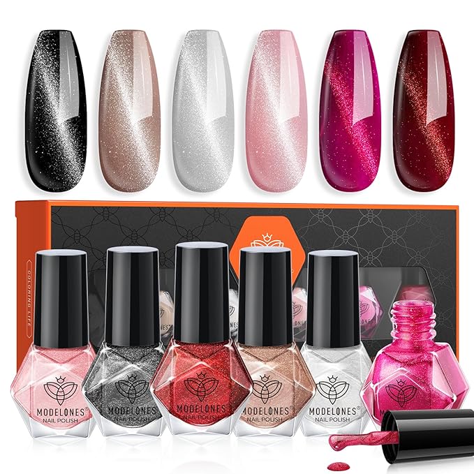 modelones Nail Polish Set, 6 Colors Cat Eye Silver Black Shimmer Glitter with Magnet Quick Dry Nail Polish Set Bulk Manicure Diy Nail Art Salon Home Gift for Women Girl