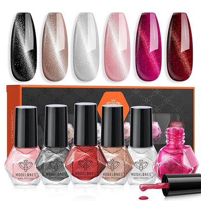 modelones Nail Polish Set, 6 Colors Cat Eye Silver Black Shimmer Glitter with Magnet Quick Dry Nail Polish Set Bulk Manicure Diy Nail Art Salon Home Gift for Women Girl