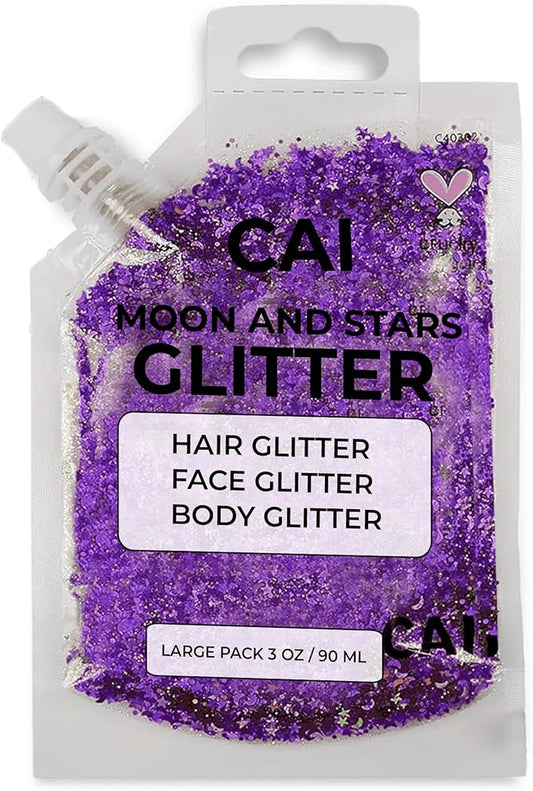 Hair Glitter Gel Body Glitter & Face Glitter for Women/Kids (1 Pk Violet) Chunky Iridescent Holograph Stars & Moon 3 oz | Cosmetic-Grade Makeup Apply Without Glue Easy to Take Off & Keep Skin Clean
