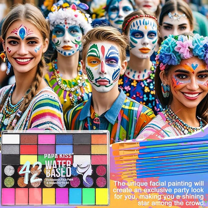 42 Color Face Painting Kit for Kids, Water Activated Face Paint Kit, Safe for Sensitive Skin Easy to Use, With Stencils & Brushes, Facepaint Makeup Kit for Parties, Birthdays, Halloween