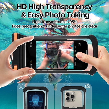 2 PCS Waterproof Phone Pouch, IPX8 Underwater Case for iPhone 15 14 13 Pro Max Plus, Galaxy S24 S23 Pixel 8a 7a Up to 8",Dry Bag for Beach Cruise Essentials, Black Orange