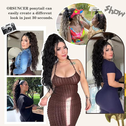 ORSUNCER Ponytail Extension Claw 26" Curly Pony Tail Clip in Claw Hair Extensions Fluffy Natural Looking Synthetic Hairpiece for Women Black Brown
