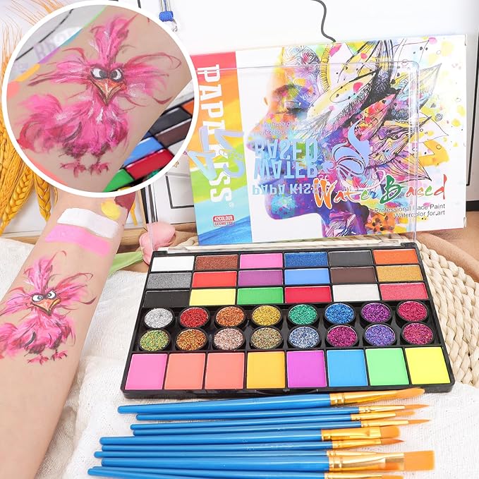 42 Color Face Painting Kit for Kids, Water Activated Face Paint Kit, Safe for Sensitive Skin Easy to Use, With Stencils & Brushes, Facepaint Makeup Kit for Parties, Birthdays, Halloween