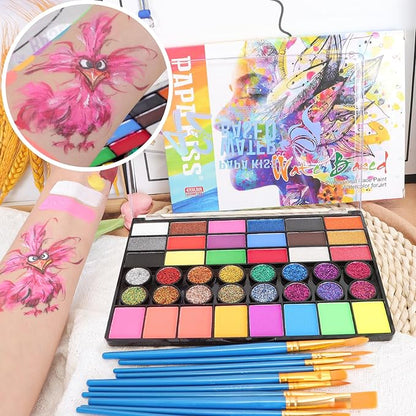 42 Color Face Painting Kit for Kids, Water Activated Face Paint Kit, Safe for Sensitive Skin Easy to Use, With Stencils & Brushes, Facepaint Makeup Kit for Parties, Birthdays, Halloween