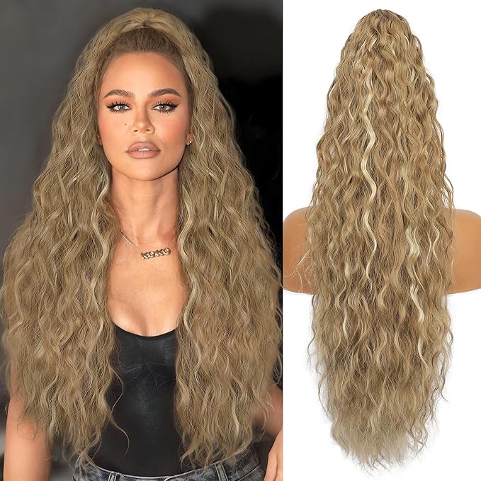 ORSUNCER Ponytail Extension Claw 30" Curly Pony Tail Clip in Claw Hair Extensions Fluffy Natural Looking Synthetic Hairpiece for Women Blonde Highlight