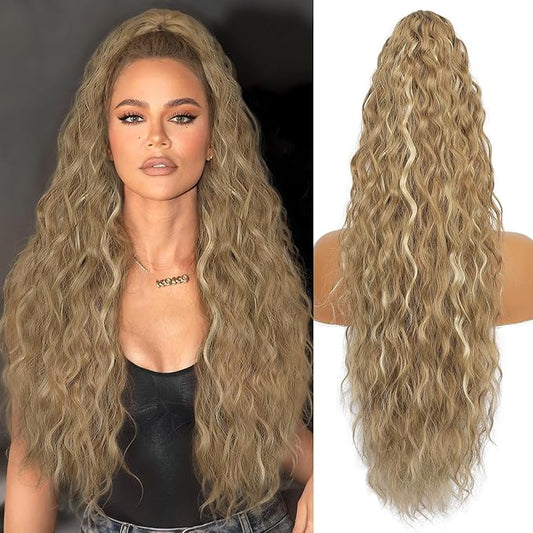 ORSUNCER Ponytail Extension Claw 30" Curly Pony Tail Clip in Claw Hair Extensions Fluffy Natural Looking Synthetic Hairpiece for Women Blonde Highlight