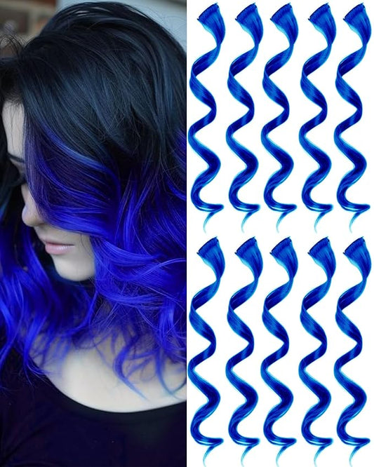 10 PCS Blue Clip-in Curly Wavy Synthetic Hair Extensions, Rainbow Neon Party Highlights, Colorful Hair Accessories for Kids, Girls, Women, 17 Inch