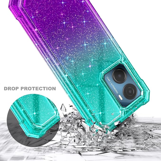 for Cricket Magic 2 5G Case (2024), AT&T Propel 2 5G with [Built-in Screen Protector], [9FT Military Grade Drop Tested] Full-Body Protective Shockproof Bumper Case (Glitter Aqua/Purple)