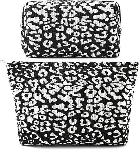 2 Pieces Leopard Print Makeup Bag Large Cosmetic Bag Capacity Canvas Mix Travel Toiletry Bag Organizer Cute Makeup Brushes Aesthetic Accessories Storage Bag for Women, Leopard Print Mix Black