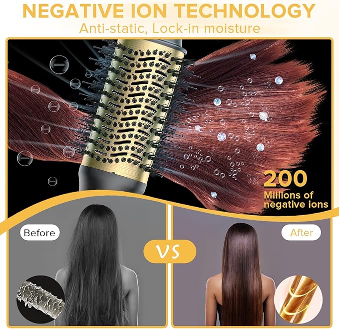 Hair Dryer Brush with Two Interchangeable Barrels (Oval and Round), Hot Air Straightening and Volumizing Anti-Frizz Ceramic Titanium Brush
