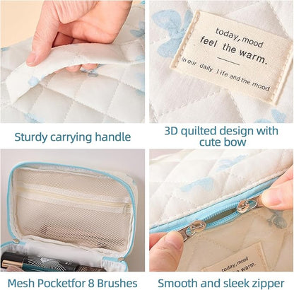3 Piece Cute Blue Bow Quilted Makeup Bag Set, Large Capacity Travel Makeup Bags for Women and Girls, Includes Small, Medium, and Extra Large aesthetic makeup&Cosmetic Bags (3PCS-Blue Bow)