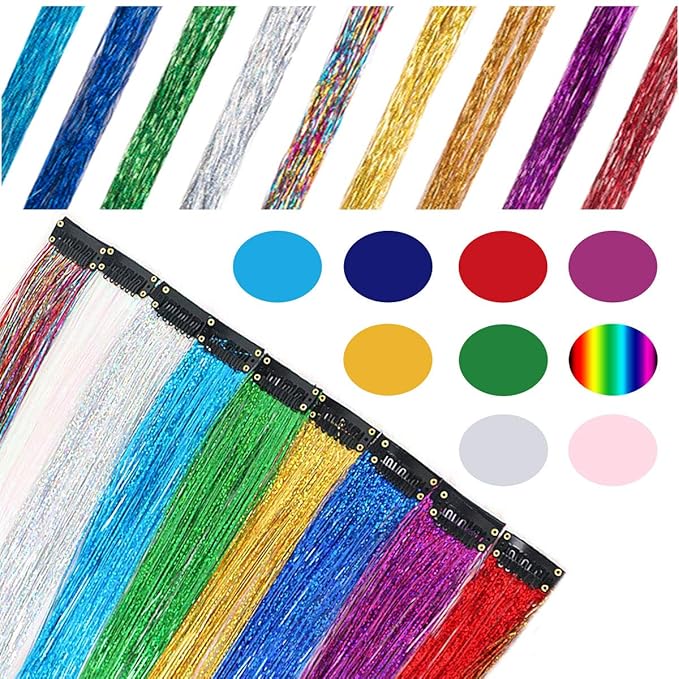 9 PCS Girls Hair Accessories Party Highlights Colorful Clip in Tinsel Hair Extensions，Synthetic Straight Long Hairpieces (Rainbow Color)