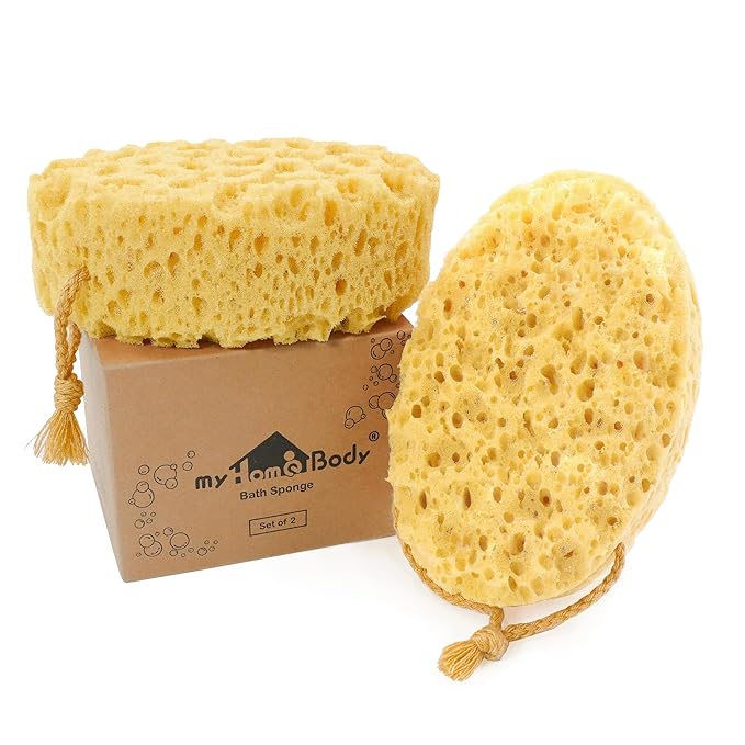 myHomeBody Bath Sponge, Foam Loofah, Body Scrubber for Bathing, Exfoliating Shower Pouf for Shower – Large Size, Lots of Lather, Oval, 2 Pack