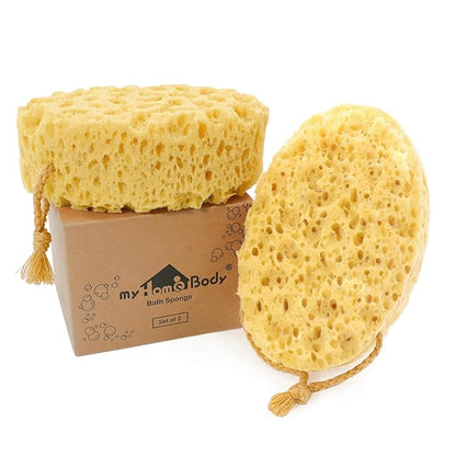 myHomeBody Bath Sponge, Foam Loofah, Body Scrubber for Bathing, Exfoliating Shower Pouf for Shower – Large Size, Lots of Lather, Oval, 2 Pack