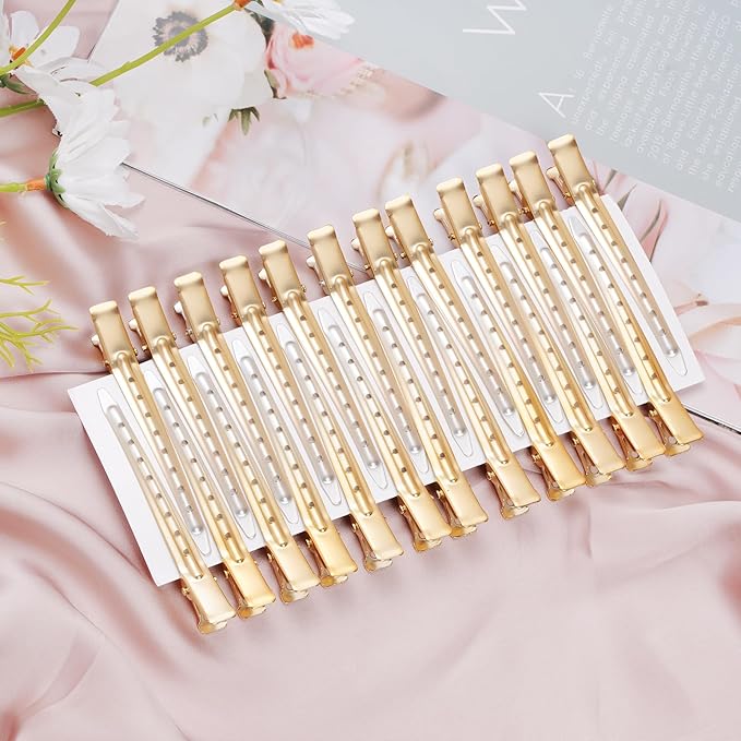 24 Packs Duck Bill Clips, Bantoye 3.35 Inches Rustproof Metal Alligator Curl Clips with Holes for Hair Styling, Hair Coloring, Matte Gradient Gold