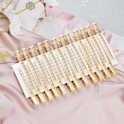24 Packs Duck Bill Clips, Bantoye 3.35 Inches Rustproof Metal Alligator Curl Clips with Holes for Hair Styling, Hair Coloring, Matte Gradient Gold