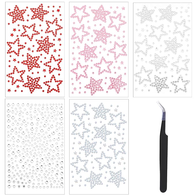 5 Pcs Face Gems Face Jewels, Self-Adhesive Hair Gems Festival Star Rhinestone Sticker for, Eye, Makeup, Body, Stick on Gem, Rave Accessories, Y2K Star Stickers for Women