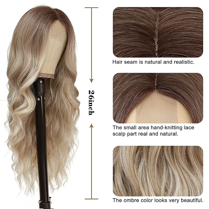 NAYOO Long Blonde Wavy Wig for Women - 26 Inch Middle Part Curly Synthetic Heat Resistant Fiber Wig for Daily Party Use (Ombre Blonde)