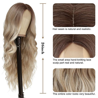 NAYOO Long Blonde Wavy Wig for Women - 26 Inch Middle Part Curly Synthetic Heat Resistant Fiber Wig for Daily Party Use (Ombre Blonde)