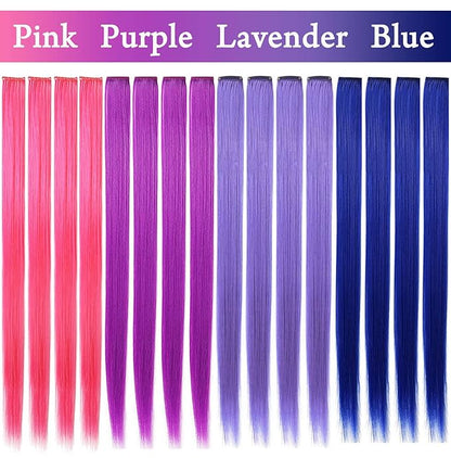 20 Inch Colored Party Highlights Straight Clip in Hair Extensions,Heat-Resistant Synthetic Hair Extensions Multicolors 12 PCS (Pink Purple Lavender Blue)