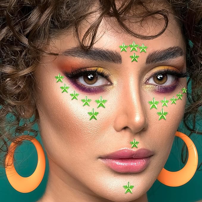 264Pcs Star Face Gems Eye Gems, Self-Adhesive Face Jewels Rhinestones 5/7/10 mm DIY Face Gems Stick on, Patriotic Makeup Gems Rave Accessories for Face Eyes Hair Makeup Body, Crafts (Green-Star)