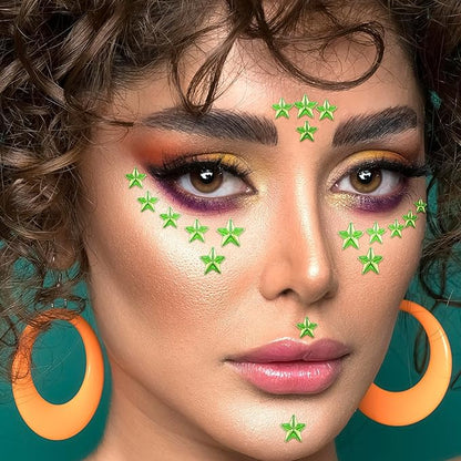 264Pcs Star Face Gems Eye Gems, Self-Adhesive Face Jewels Rhinestones 5/7/10 mm DIY Face Gems Stick on, Patriotic Makeup Gems Rave Accessories for Face Eyes Hair Makeup Body, Crafts (Green-Star)