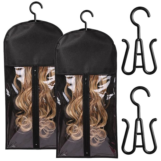 2PCS Hair Extension Holder Wig Stand & Organizer - Hanger & Bag for Multiple Wigs (Black)