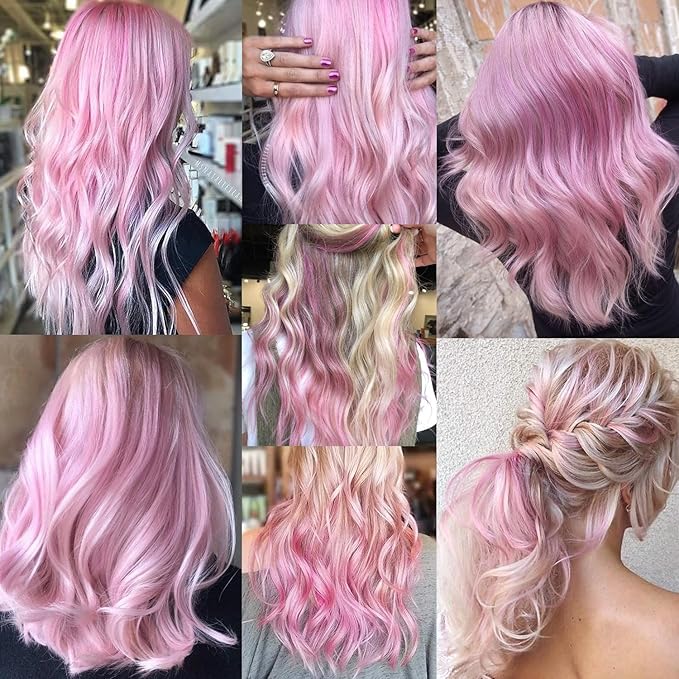 16 Pcs Colored Hair Extensions Curly Wavy Clip in Synthetic Hairpiece Streak for Girls Women Kids, Multi-colors Party Highlights Cosplay Festival Gift(Light Pink)