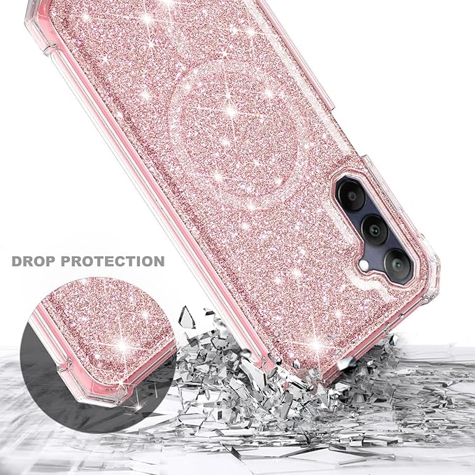 Designed for Samsung Galaxy A36-5G Phone Case, Magnetic Compatible with MagSafe, [Raised Corners Drop Protection] Shockproof Protective Bumper Cover (Glitter Rose Gold)
