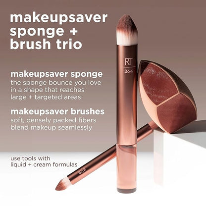 Real Techniques Makeupsaver Sponge + Brush Trio, Makeup Blending Sponge & Brushes For Liquid & Cream Formulations, Natural Finish & Reduces Makeup Waste, Cruelty & Latex-Free 3 Piece Set