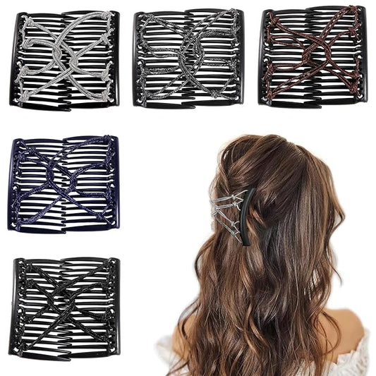 5 Pieces Stretchy Magic Adjustable Elastic Comb Hair Clips for Women Girls - No Crease Vintage Bun Maker Accessories for Curly Thick Wavy Hair Ponytails