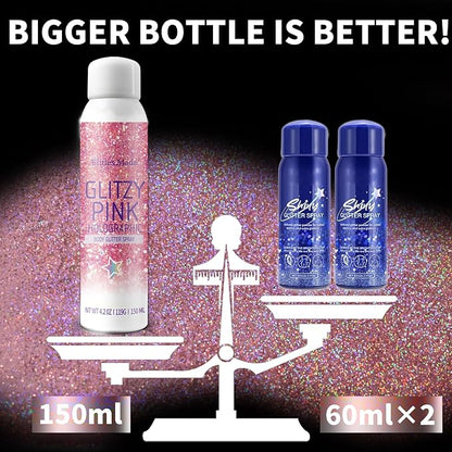 Body Glitte Spray, 150ML Pink Glitter Spray for Hair and Body, Long-Lasting and Quick-Drying Holographic Glitter Hairspray for Kids Women, Body Shimmer Festival Rave and Makeup 4.2 Fl Oz