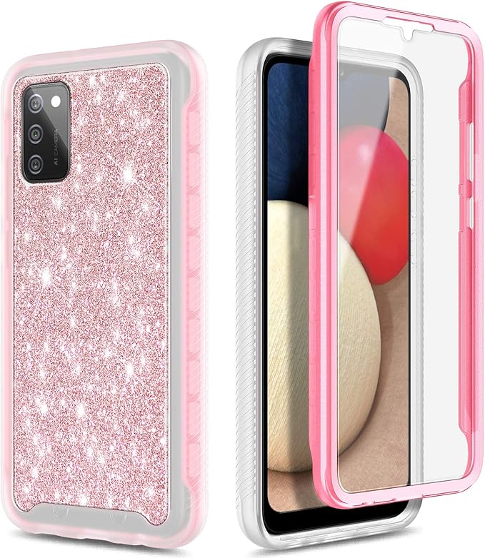 NZND Case for Samsung Galaxy A03S with [Built-in Screen Protector], Full-Body Protective Shockproof Rugged Bumper Cover, Impact Resist Phone Case (Glitter Rose Gold)