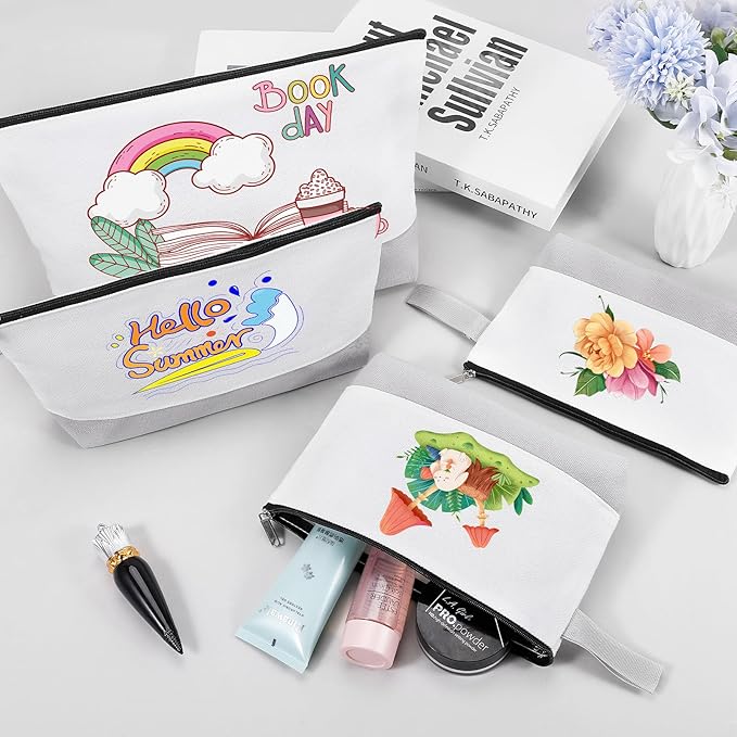 10 Pieces Cotton Canvas Makeup Bag with Bottom and Strap, Multi-Purpose Cosmetic Bag with Zipper Travel Toiletry Pouch, Blank DIY Craft Bag (White&Grey, L)