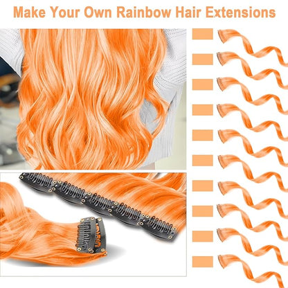 10 PCS Orange Clip-in Curly Wavy Synthetic Hair Extensions, Rainbow Neon Party Highlights, Colorful Hair Accessories for Kids, Girls, Women, 17 Inch