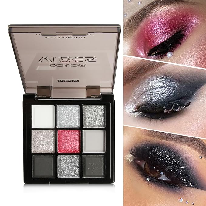 4 Pack/Set Eyeshadow Palette Set - Black Gray Rose Gold Brown Bronze Yellow Red Purple Shades, Blendable Matte & Glitter Shimmer Finishes, 24H Long Wear Eye Makeup for Christmas Party & Music Festival