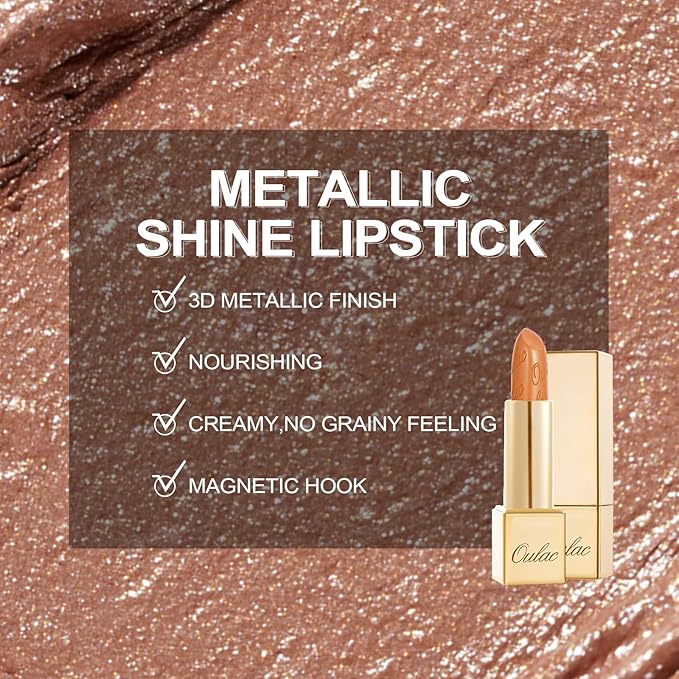 Oulac Nude Lipstick for Women with Metallic 3D Shine Lightweight Hydrating Formula, High Impact Lip Color, Vegan Beauty, Full Coverage Lip Makeup, Christmas Gifts for Women, Sahara Gold(10)