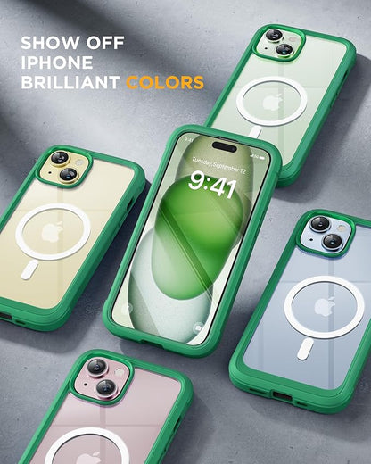 Miracase Magnetic for iPhone 15 Plus Case 6.7'' [Compatible with Magsafe] Full-Body Military Drop Proof 15 Plus Phone Case Cover with Built-in 9H Tempered Glass Screen Protector,Magnetic Green