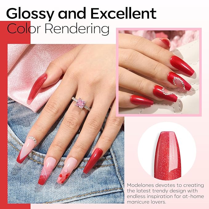 modelones Gel Nail Polish Set 2 Pcs 15 ML Pink Red Gel Polish Hot Pink Red Love-heart Glitter Gel Polish White Shimmer Pink Tones Spring Soak Off LED Nail Art DIY Gift For Women Girl