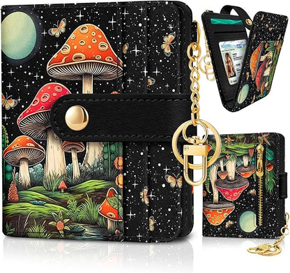 Mushroom Rfid Women Wallet, Small Slim Thin Credit Card Wallet, PU Leather Bifold Cash Zipper Coin Pocket ID Window for Female Ladies Teen Girls Girly