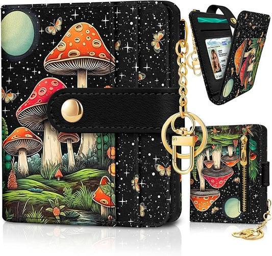 Mushroom Rfid Women Wallet, Small Slim Thin Credit Card Wallet, PU Leather Bifold Cash Zipper Coin Pocket ID Window for Female Ladies Teen Girls Girly