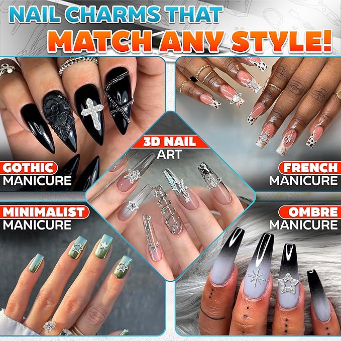 110 Pcs Silver Nail Charms and Gems - Complete Art Set with Cross, Planet, Piercing Ring & Silver Star Nail Charms Designs with Rhinestones - Easy-to-Apply, Sturdy Acrylic for Stylish Manicures