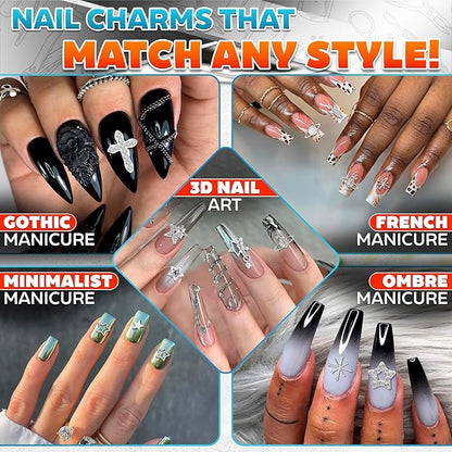 110 Pcs Silver Nail Charms and Gems - Complete Art Set with Cross, Planet, Piercing Ring & Silver Star Nail Charms Designs with Rhinestones - Easy-to-Apply, Sturdy Acrylic for Stylish Manicures
