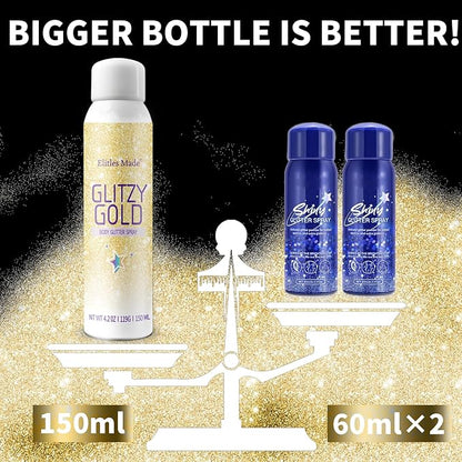 Body Glitte Spray, 150ML Gold Glitter Spray for Hair and Body, Long-Lasting and Quick-Drying Glitter Hairspray for Kids Women, Body Shimmer Festival Rave and Makeup 4.2 Fl Oz