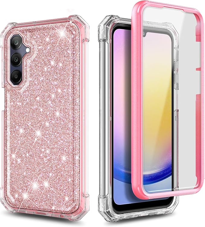 Designed for Samsung Galaxy A25 5G Case, Slim Stylish Full-Body Protective Shockproof Rugged Bumper Cover with Built-in Screen Protector (Glitter Rose Gold)