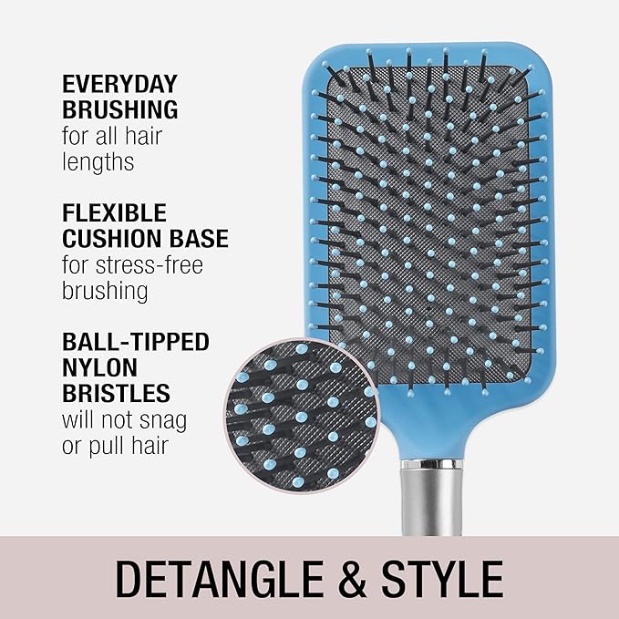 Conair Velvet Touch Paddle Cushion hair brush - Detangling hairbrush - curly or straight styles - men or women - detangler - features soft touch handle - Sky Blue