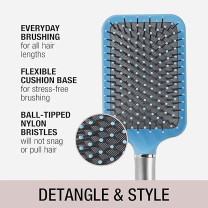 Conair Velvet Touch Paddle Cushion hair brush - Detangling hairbrush - curly or straight styles - men or women - detangler - features soft touch handle - Sky Blue