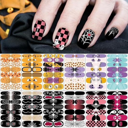 12 Sheets Halloween Nail Wraps Stickers, Nail Polish Strips DIY Self-Adhesive Full Glitter Nail Art Decals Pumpkin Bat Ghost Spider Skull Pattern with 2 Piece Nail Files for Party Decor (168 Pieces)