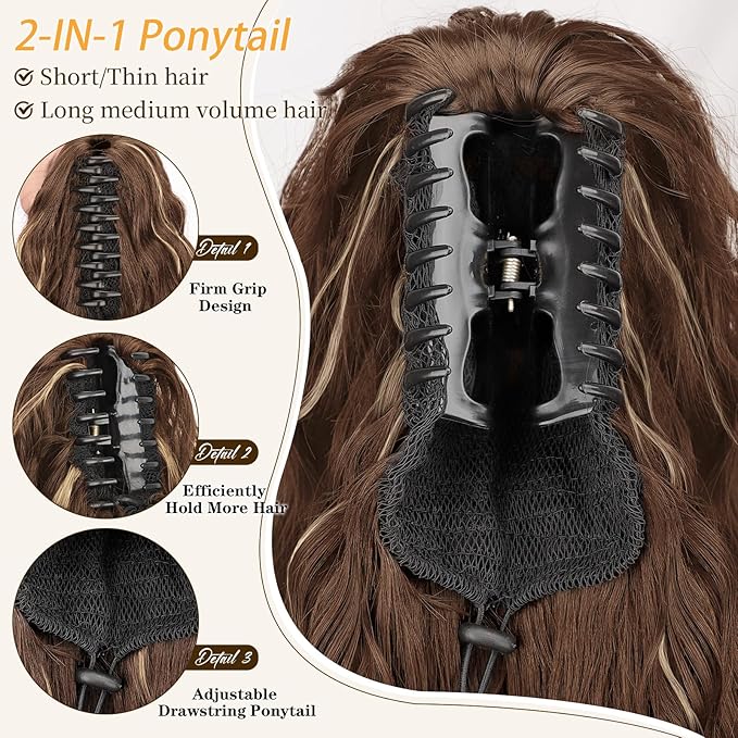 ORSUNCER Ponytail Extension Claw 18" Curly Pony Tail Clip in Claw Hair Extensions Fluffy Natural Looking Synthetic Hairpiece for Women Blonde Highlight